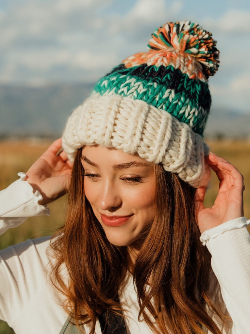 NEW Free People Tide Stripe Knit Pom Beanie Ivory